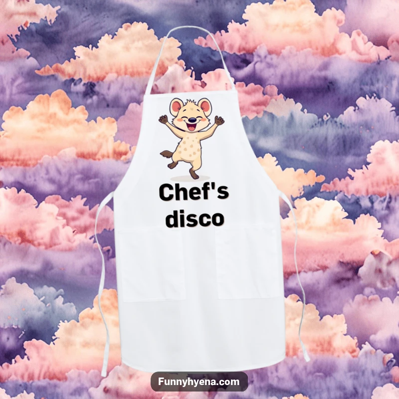Funny hyena dancing apron, showing a hyena energetically dancing while cooking, adding humor to kitchen tasks.