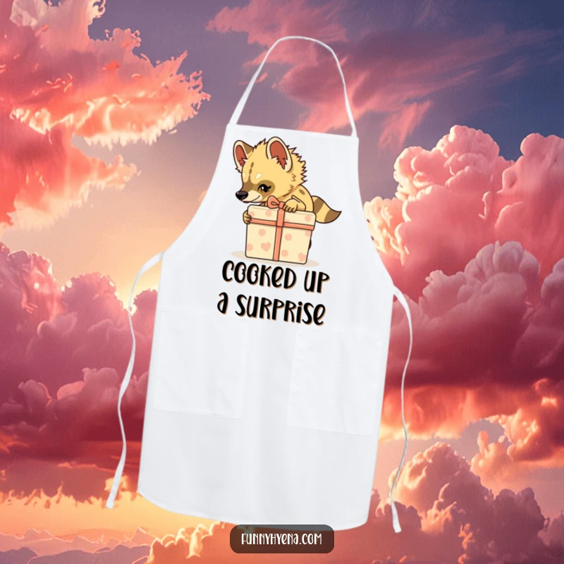 Funny Hyena Apron, a hyena tiptoes with a gift box, great for playful kitchen prep.