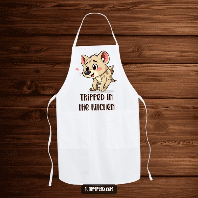 Funny hyena tripping apron, showing a hyena comically losing its balance while cooking, adding humor to kitchen tasks.