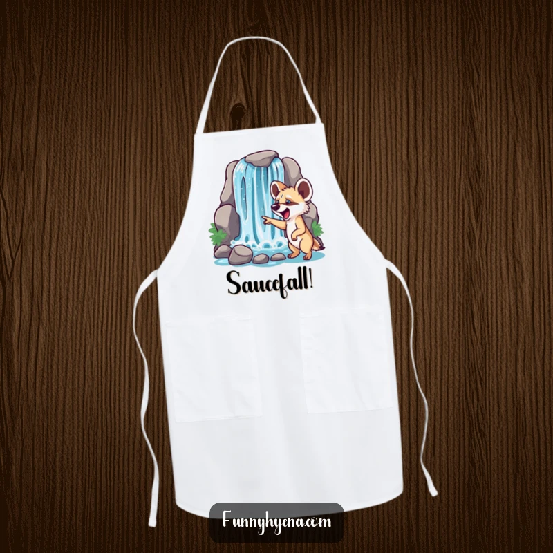 Funny hyena waterfall apron, showing a hyena pointing at a sparkling waterfall, ideal for kitchen fun.
