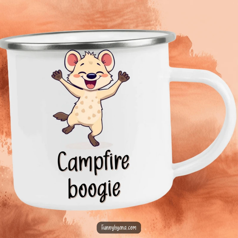 Funny hyena dancing camping mug, showing a hyena energetically dancing, ideal for outdoor enthusiasts.