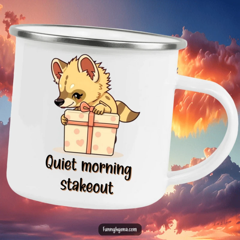 Funny Hyena Camping Mug, enamel cup with a hyena tiptoeing with a gift box, ideal for sneaky campers.