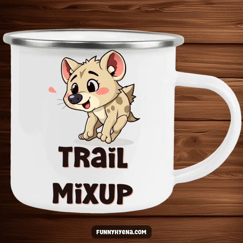 Funny hyena tripping camping mug, showcasing a hyena comically tripping during an outdoor scene, perfect for nature lovers.