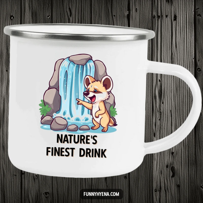 Funny hyena waterfall camping mug, depicting a hyena pointing at a sparkling waterfall, ideal for outdoor enthusiasts.