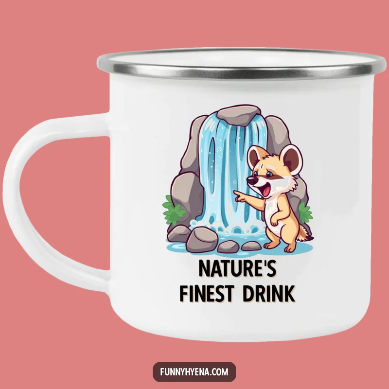 Funny Hyena Waterfall Camping Mug: Enjoy Your Brew with Sparkling Views
