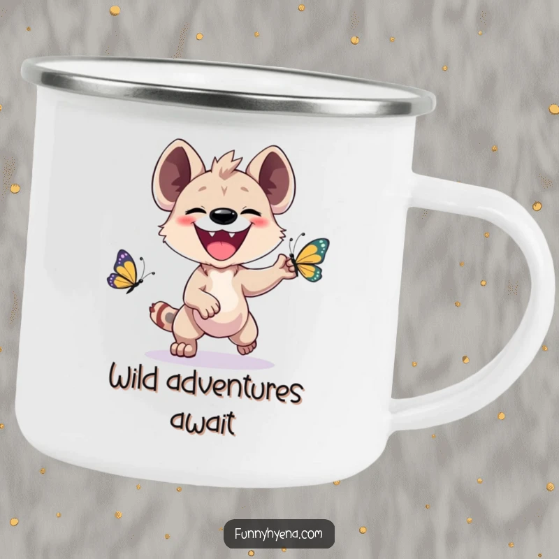 Funny Kawaii Hyena Camping Mug: A grinning hyena happily chases a butterfly, bringing a touch of humor to outdoor drinks.