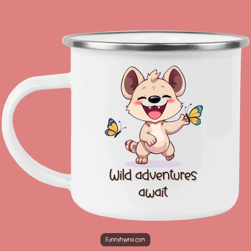 Funny Kawaii Hyena Camping Mug - Durable & Comical Butterfly Chase Cup Gift