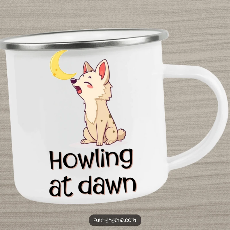Funny Kawaii Hyena Camping Mug: A kawaii hyena howls at the moon, perfect for wild nights and funny gifting.