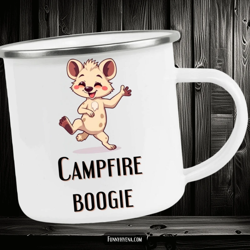 Funny Kawaii Hyena Camping Mug: A cute hyena performs a hilarious dance move with one leg up, bringing fun to outdoor beverages.