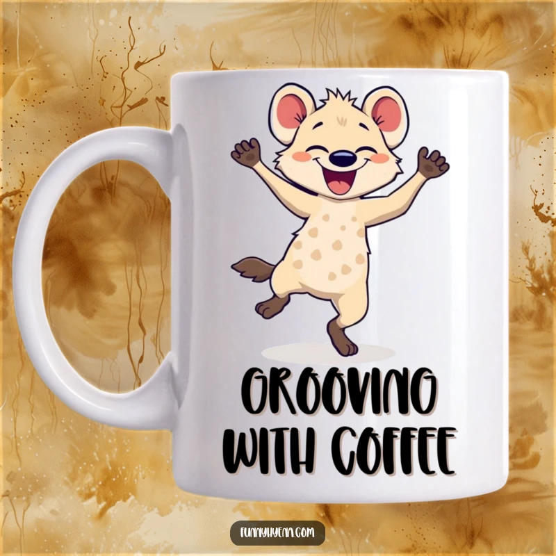 Funny hyena dancing mug, depicting a hyena with legs blurred in motion, radiating pure, uninhibited joy.