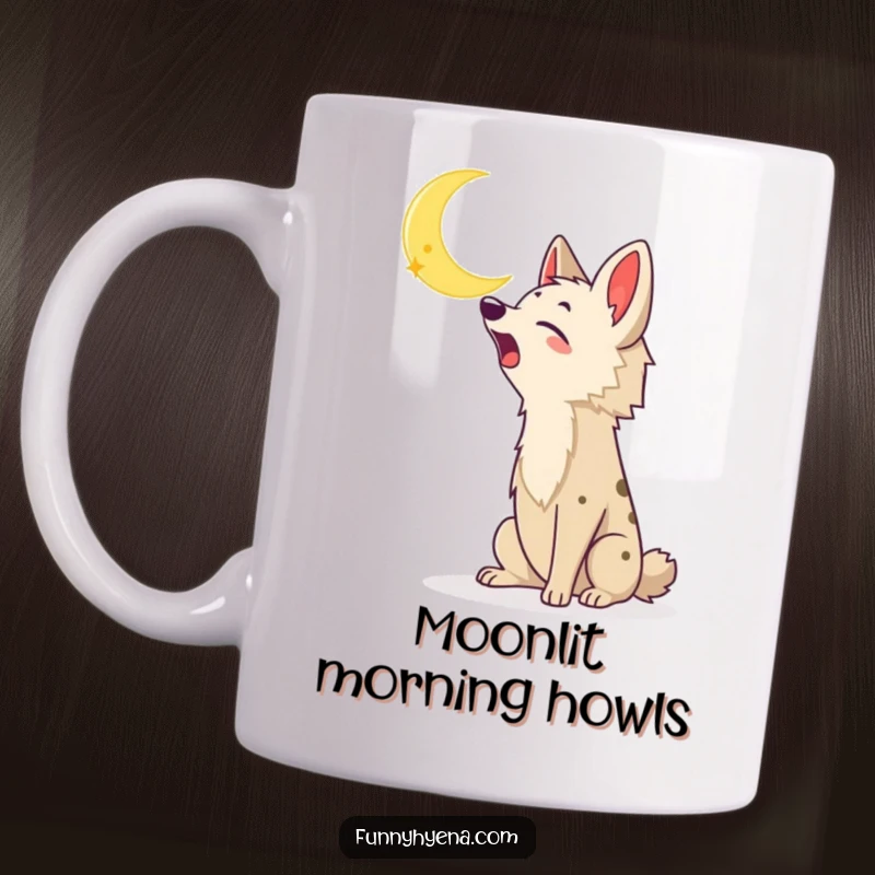 Funny Kawaii Hyena Mug: A cute kawaii hyena joyfully howls at a bright crescent moon in the starry night sky.