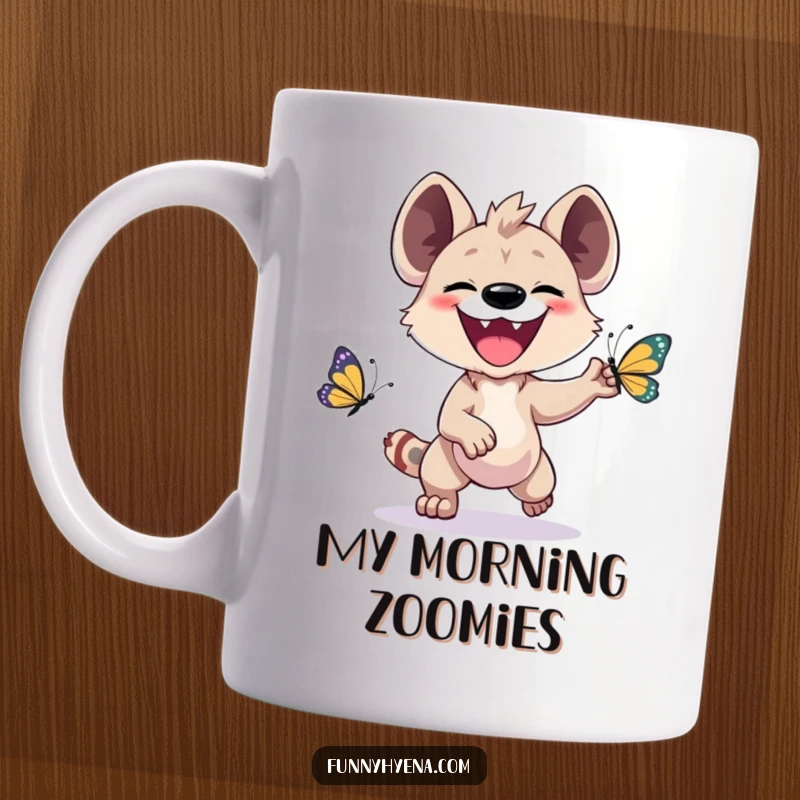 Funny Kawaii Hyena Mug: A joyful hyena with a huge grin happily chases a colorful butterfly, embodying pure, unadulterated fun.