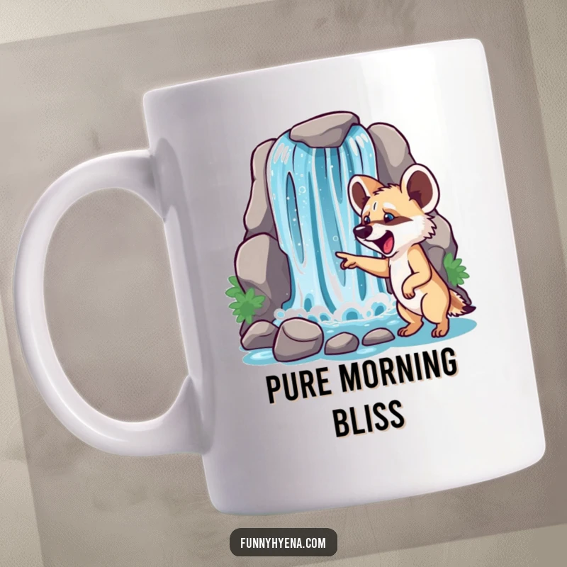 Funny hyena pointing at a sparkling waterfall mug, capturing the excitement of discovery and the beauty of nature.