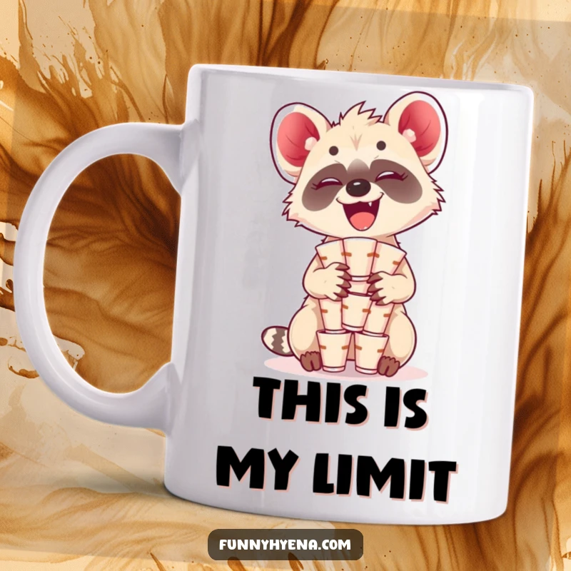 Funny Kawaii Hyena Mug: A giggling hyena precariously balances a tall stack of tiny cups, showcasing a comical, charming feat.