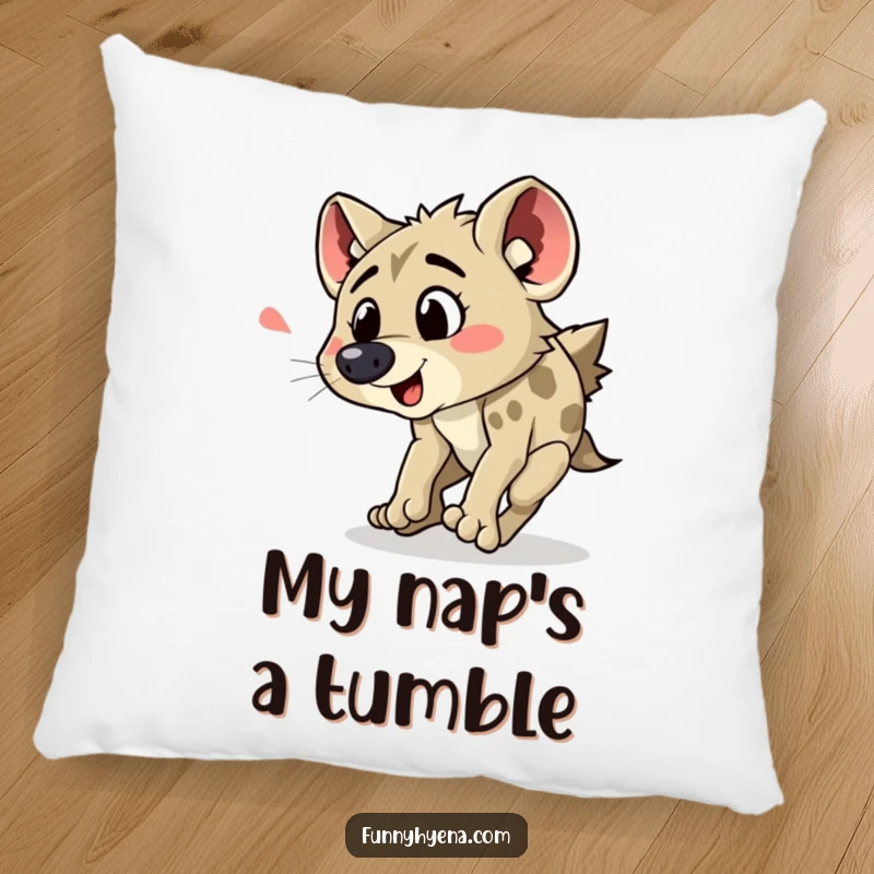 Funny hyena tripping pillow featuring a hyena comically caught mid-trip, its exaggerated yelp adding to the humor.