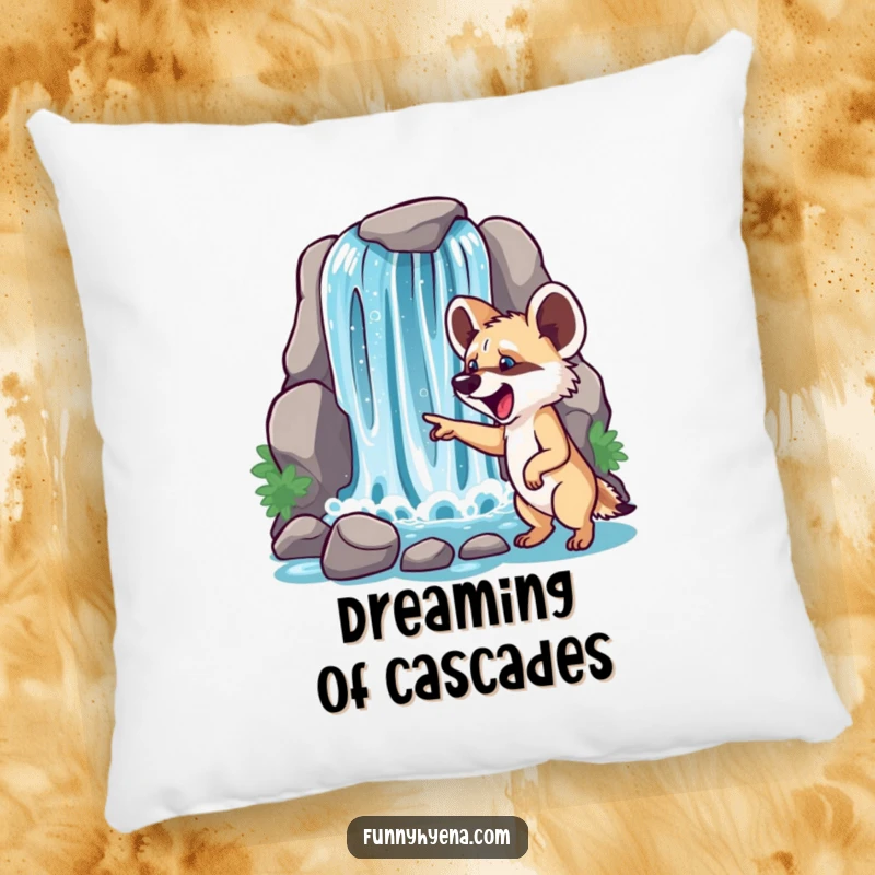 Funny hyena waterfall pillow design, featuring a hyena expressing awe as it points to a glittering water cascade.
