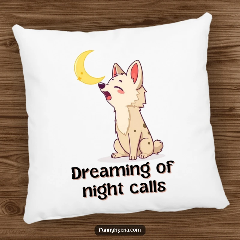 Funny Kawaii Hyena Pillow: A soft pillow showing a kawaii hyena enthusiastically howling at a crescent moon, bringing nocturnal fun.