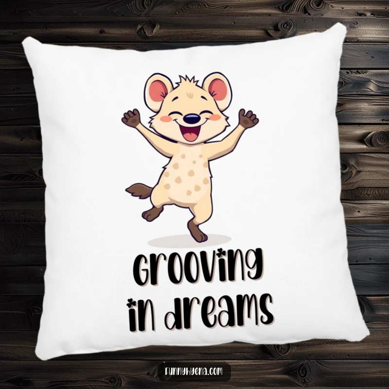 Funny hyena dancing pillow featuring a hyena in a blur of happy motion, perfect for adding playful decor.