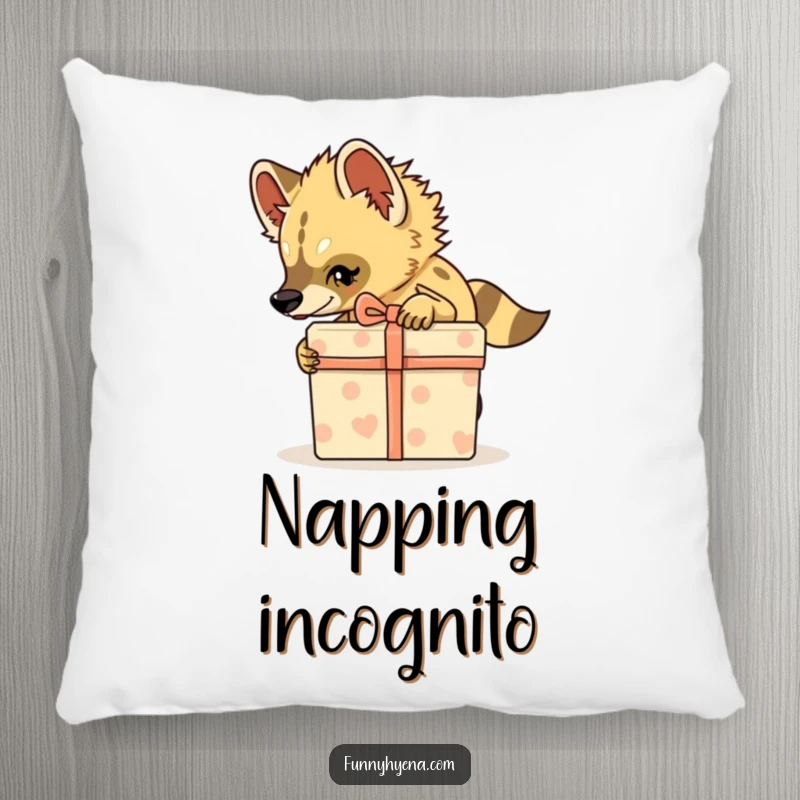 Funny Hyena Pillow, a soft cushion featuring a hyena tiptoeing with a gift box, perfect for cozy humor.