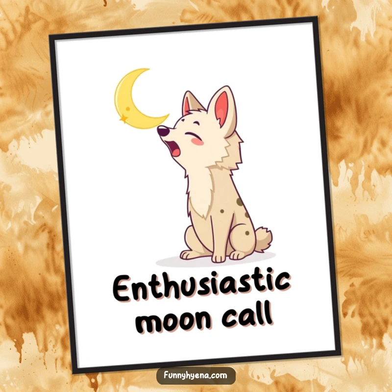 Funny Kawaii Hyena Digital Art: An enthusiastic kawaii hyena howls at a crescent moon, instantly downloadable wild art.