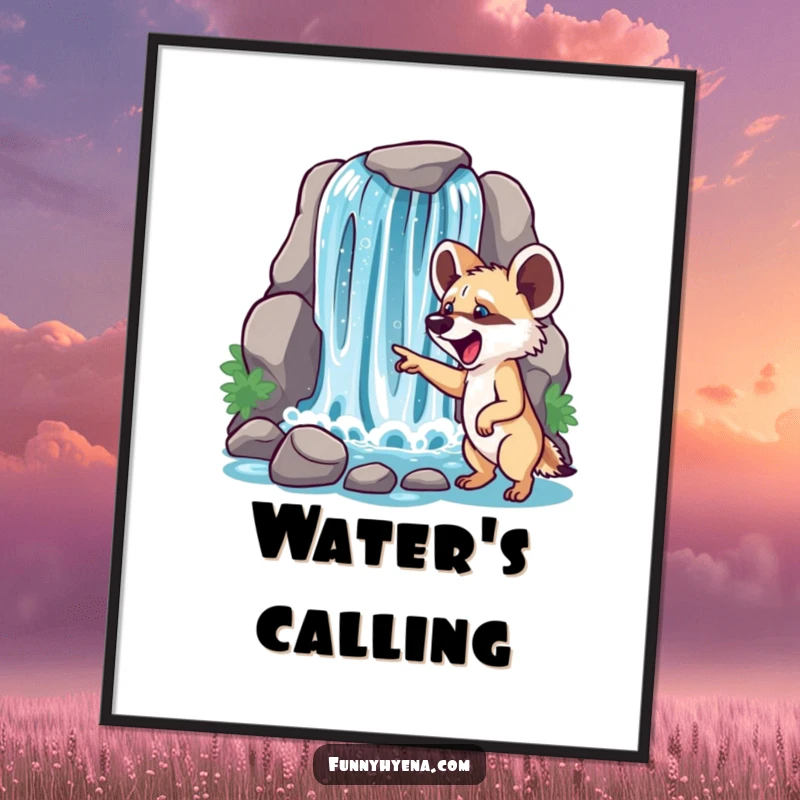 Funny hyena waterfall digital art print, capturing a hyena's excited gesture towards a shimmering, cascading water feature.