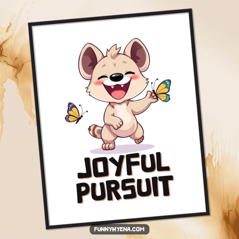 Funny Kawaii Hyena Digital Art Print: A wide-grinned hyena joyfully pursues a colorful butterfly, perfect for instant, cheerful decor.