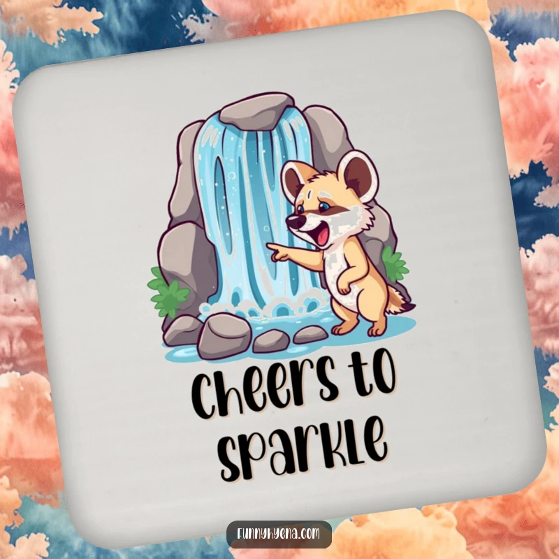 Funny hyena waterfall coaster design, showing a hyena pointing at a glittering waterfall, perfect for table protection.