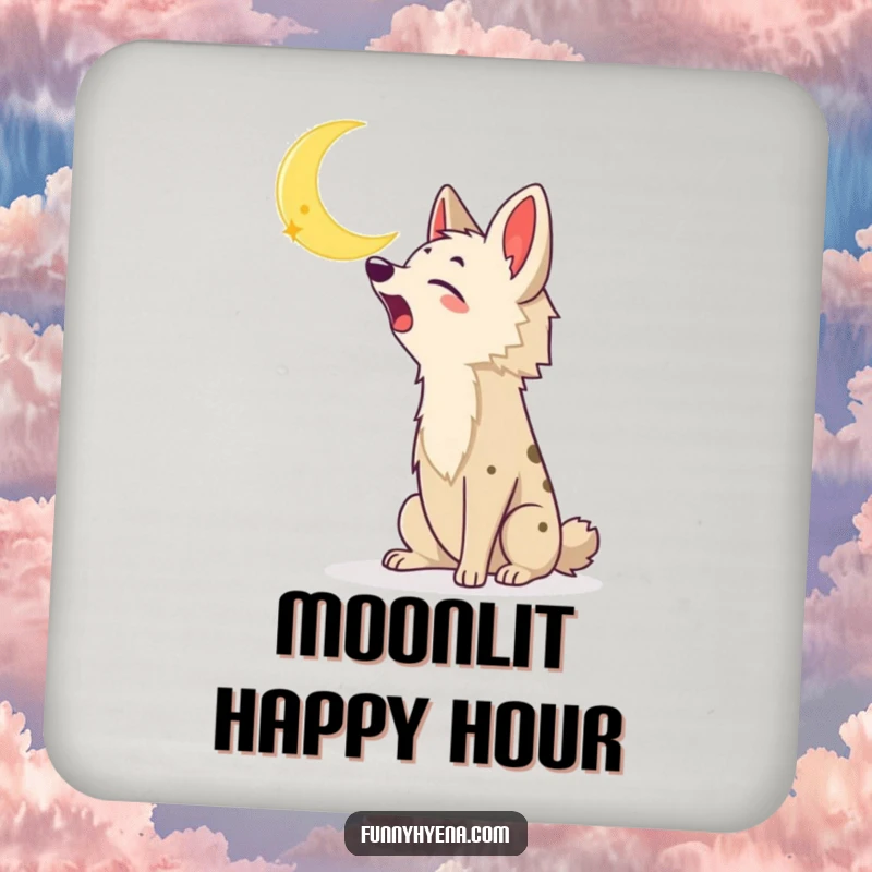 Funny Kawaii Hyena Coaster: A kawaii hyena howls at the moon, protecting tables with wild, humorous charm.