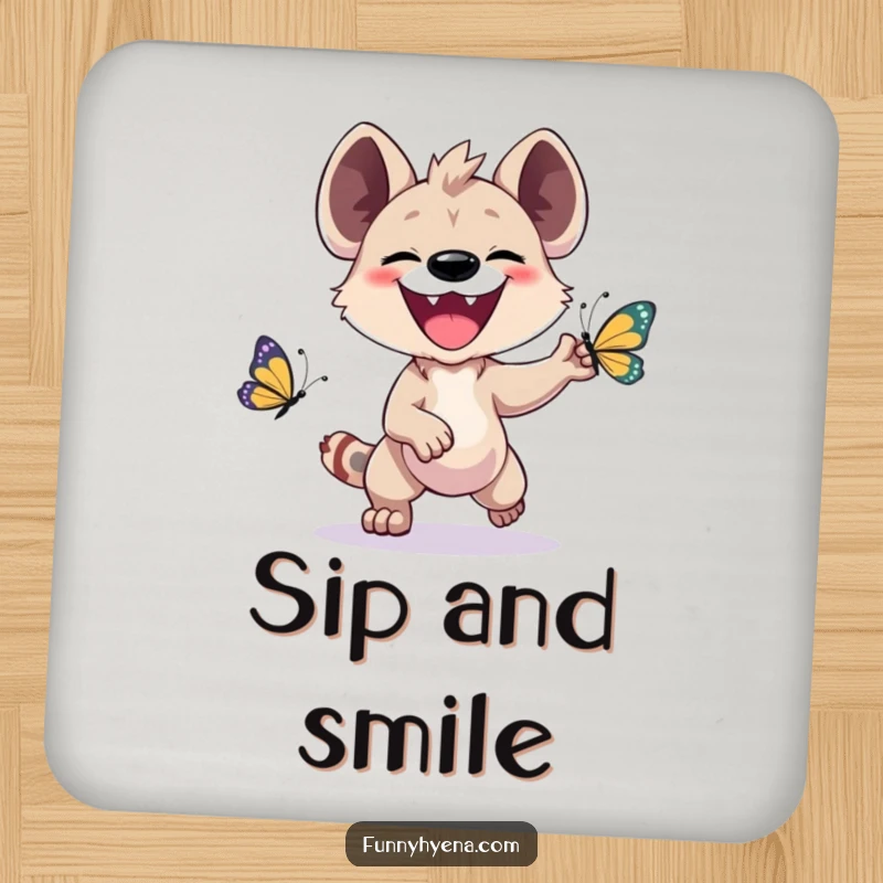 Funny Kawaii Hyena Coaster: A smiling hyena chases a butterfly, adding a humorous and protective element to drink surfaces.