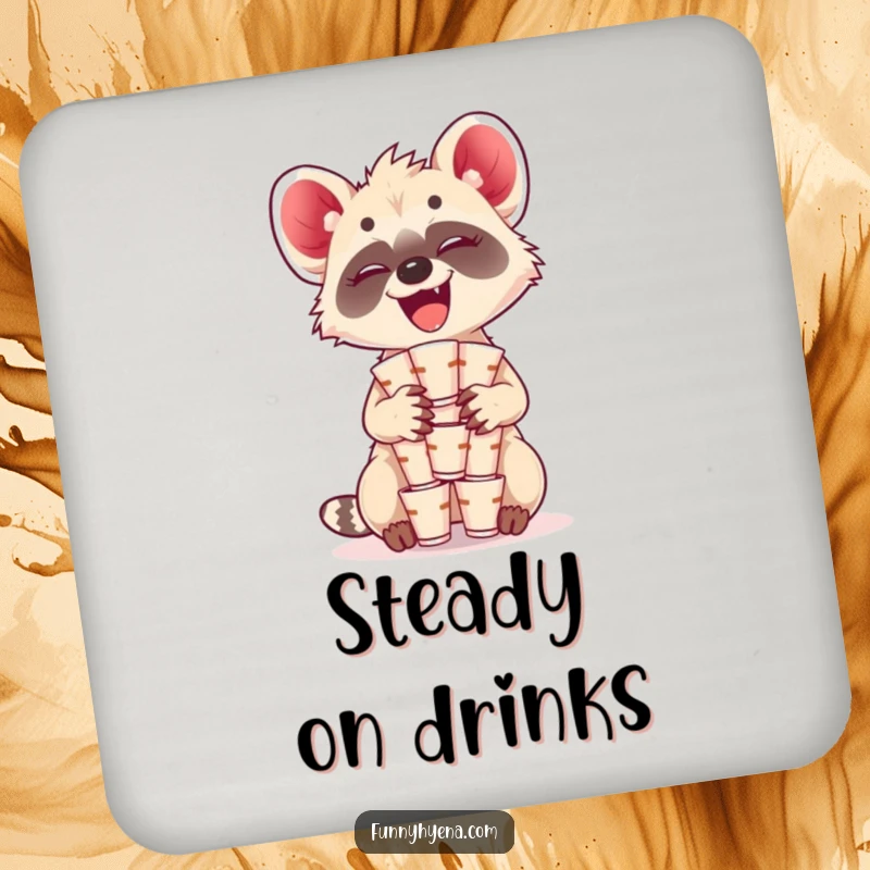 Funny Kawaii Hyena Coaster: A giggling hyena balances a stack of tiny cups, adding humor and protection to drink surfaces.