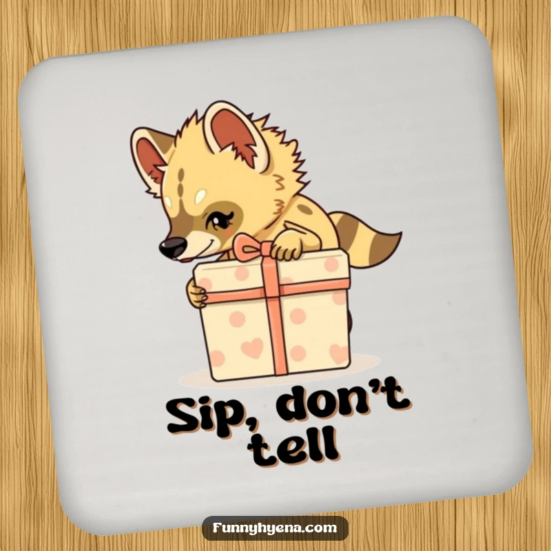 Funny Hyena Coaster, a hyena tiptoes with a gift box, protecting surfaces with humor.