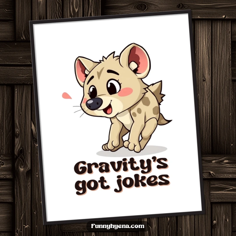 Funny hyena tripping poster print, depicting a hyena in a comical state of surprise as it trips, perfect for wall decor.