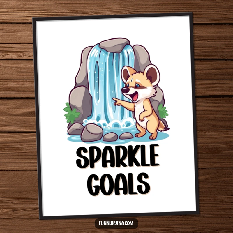 Funny hyena waterfall poster, showing a hyena joyfully pointing at a sparkling cascade, perfect for wall art.