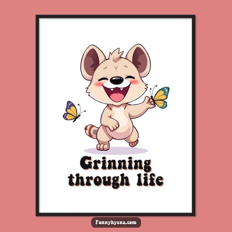 Funny Kawaii Hyena Poster - Vibrant & Comical Butterfly Chase Wall Art Gift