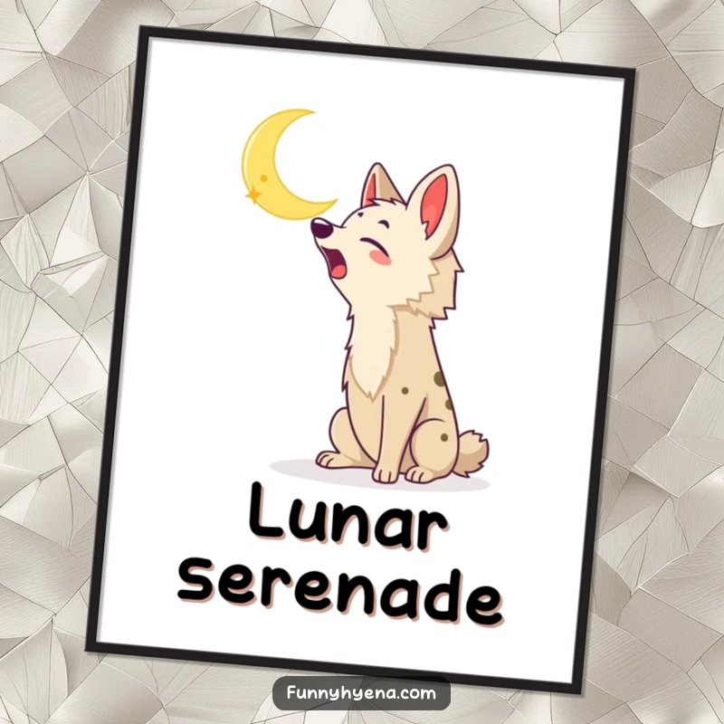 Funny Kawaii Hyena Poster: An enthusiastic kawaii hyena throws its head back to howl at a prominent crescent moon.