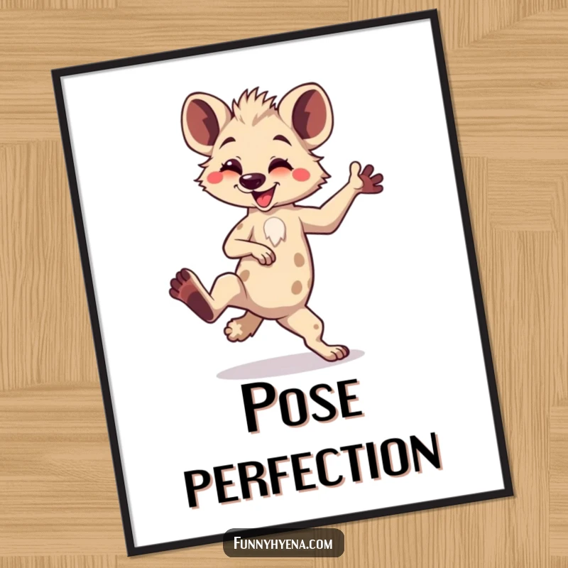 Funny Kawaii Hyena Poster: A cute hyena is depicted in a hilarious, high-legged dance pose, bringing comical energy to wall decor.