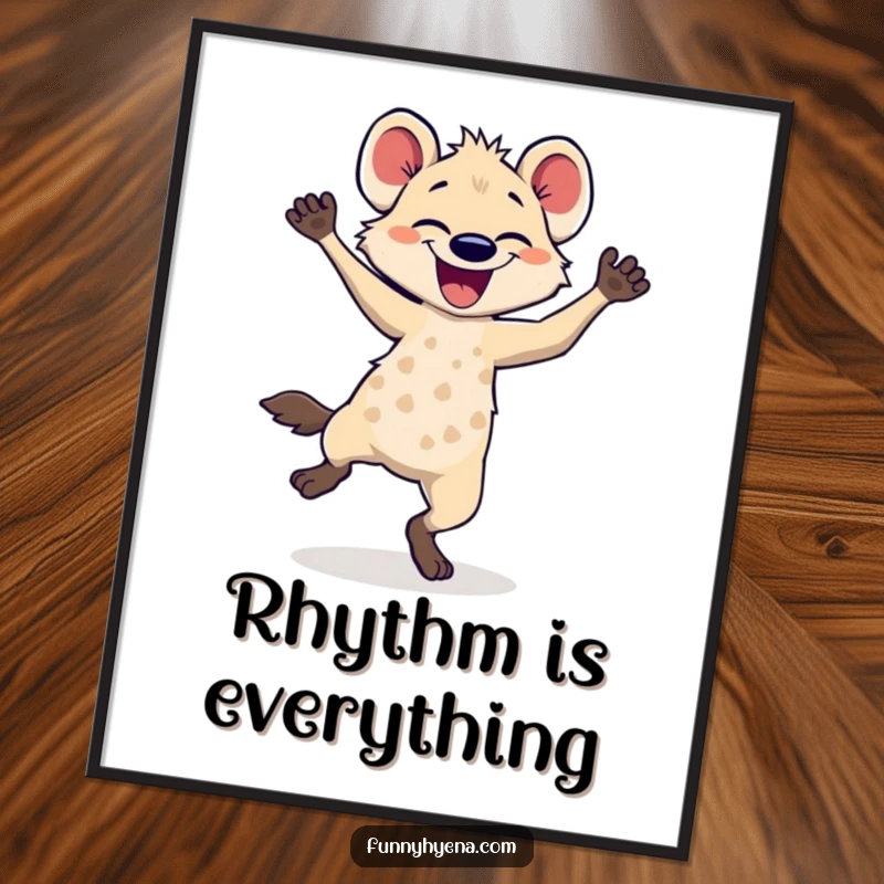 Funny hyena dancing poster print, capturing a hyena mid-dance with legs blurred, embodying pure, energetic joy.
