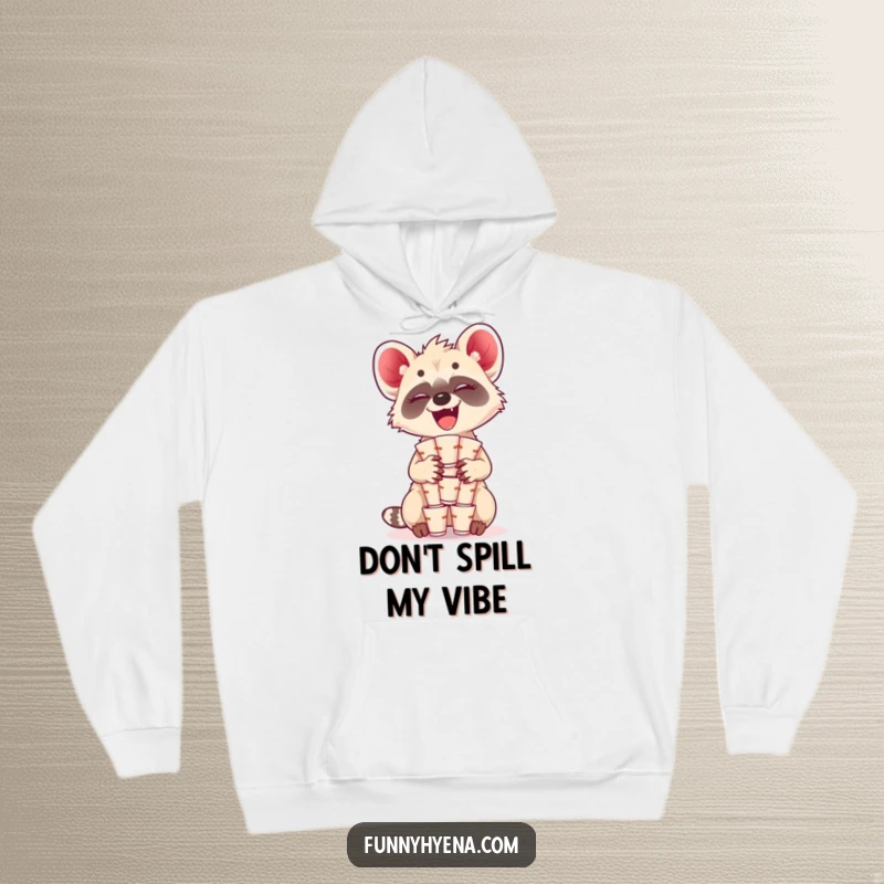 Funny Kawaii Hyena Hoodie: A giggling hyena skillfully balances a precarious stack of tiny cups, radiating comical delight.