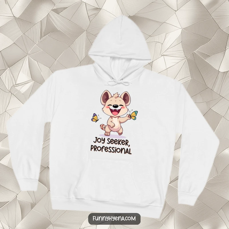 Funny Kawaii Hyena Hoodie: A happy hyena with a broad smile enthusiastically pursues a fluttering butterfly in this delightful design.