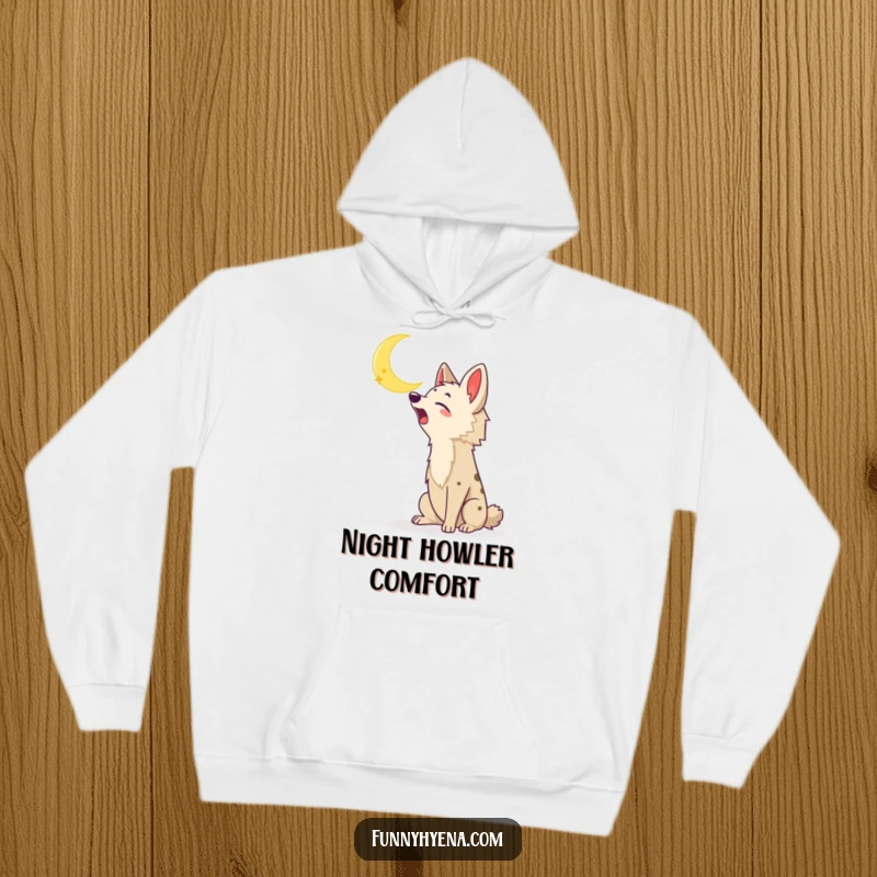 Funny Kawaii Hyena Hoodie: A kawaii hyena with a wide grin howls enthusiastically at a shining crescent moon.