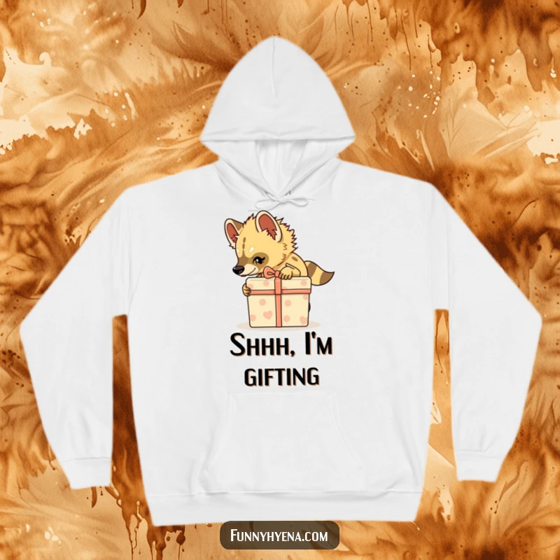 Funny Hyena Hoodie, cozy wear with a hyena tiptoeing with a gift box, ideal for sneaky warmth.