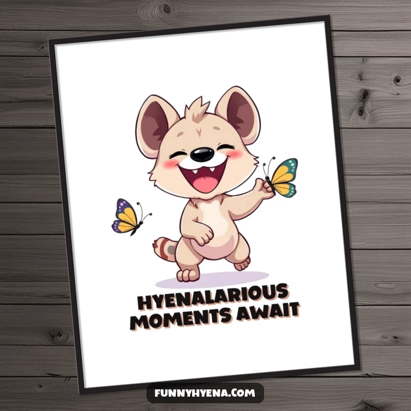 Funny Free Printable Wall Art: A kawaii hyena with a huge grin joyfully chases a colorful butterfly.