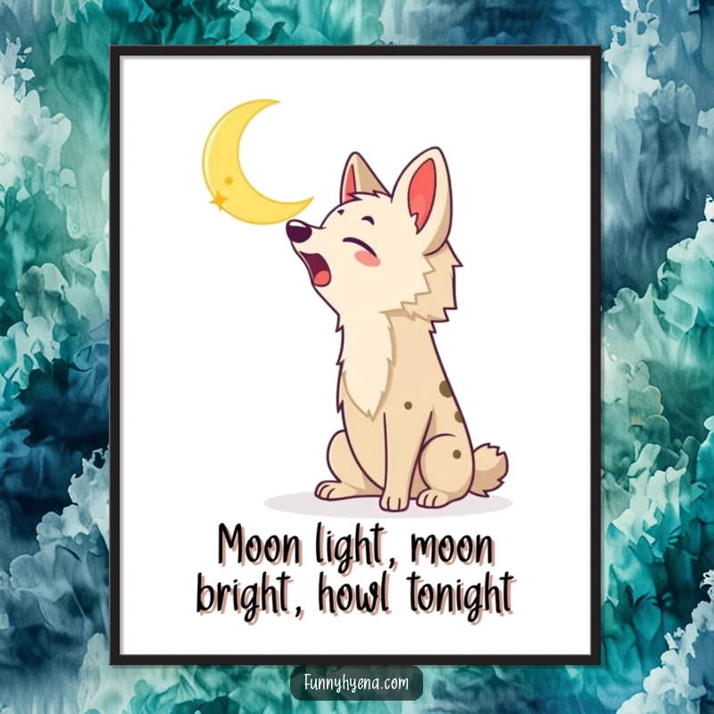 Funny Free Printable Wall Art: An expressive kawaii hyena with a wide smile enthusiastically howling at a majestic crescent moon.
