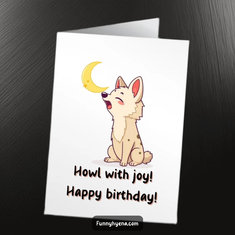 Funny Free Printable Birthday Card: A kawaii hyena enthusiastically howling at a bright crescent moon in a starry night sky.