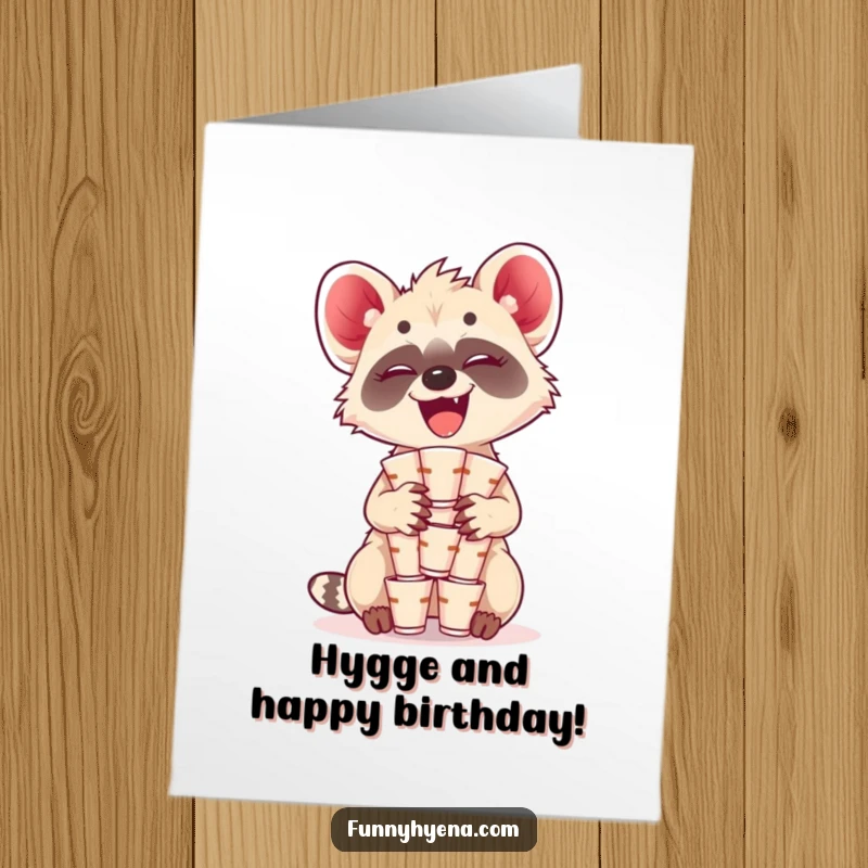 Funny Free Printable Birthday Card: A kawaii hyena giggles uncontrollably while balancing a precarious stack of tiny cups.