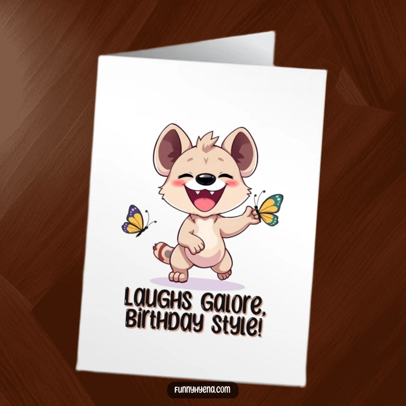 Funny Free Printable Birthday Card: Kawaii hyena with a huge grin joyfully chases a vibrant butterfly.