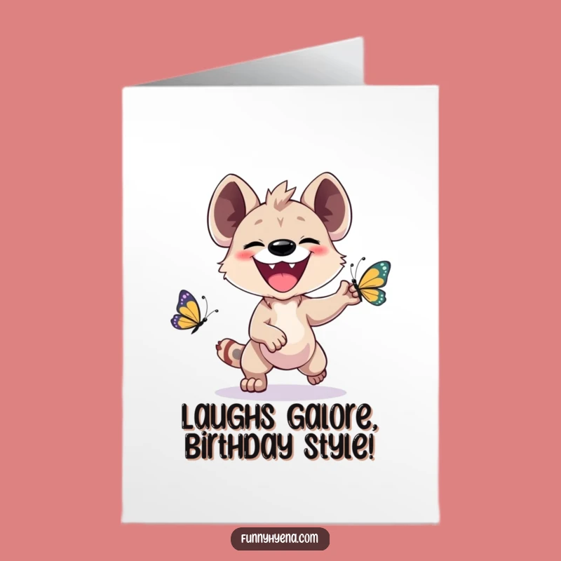 Free Printable Kawaii Hyena Birthday Card: Funny Hyena Chasing Butterfly Downloadable Gift