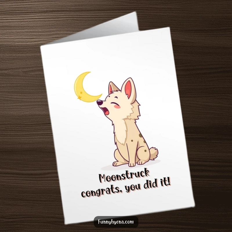 Funny Free Printable Congrats Card: Kawaii hyena with a huge grin enthusiastically howling at a luminous crescent moon.