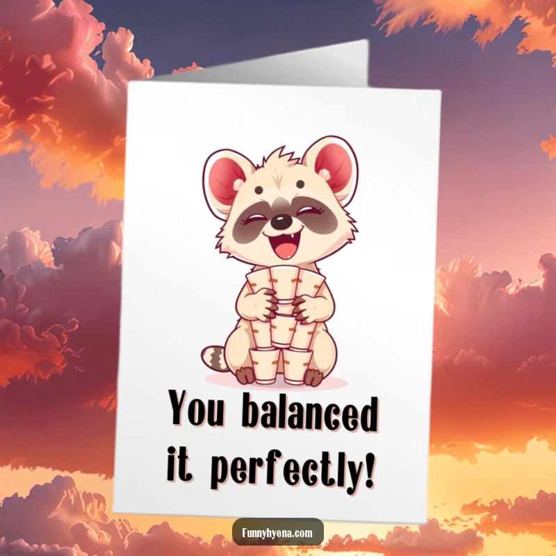 Funny Free Printable Congratulations Card: A kawaii hyena giggles while expertly balancing a tower of small cups.