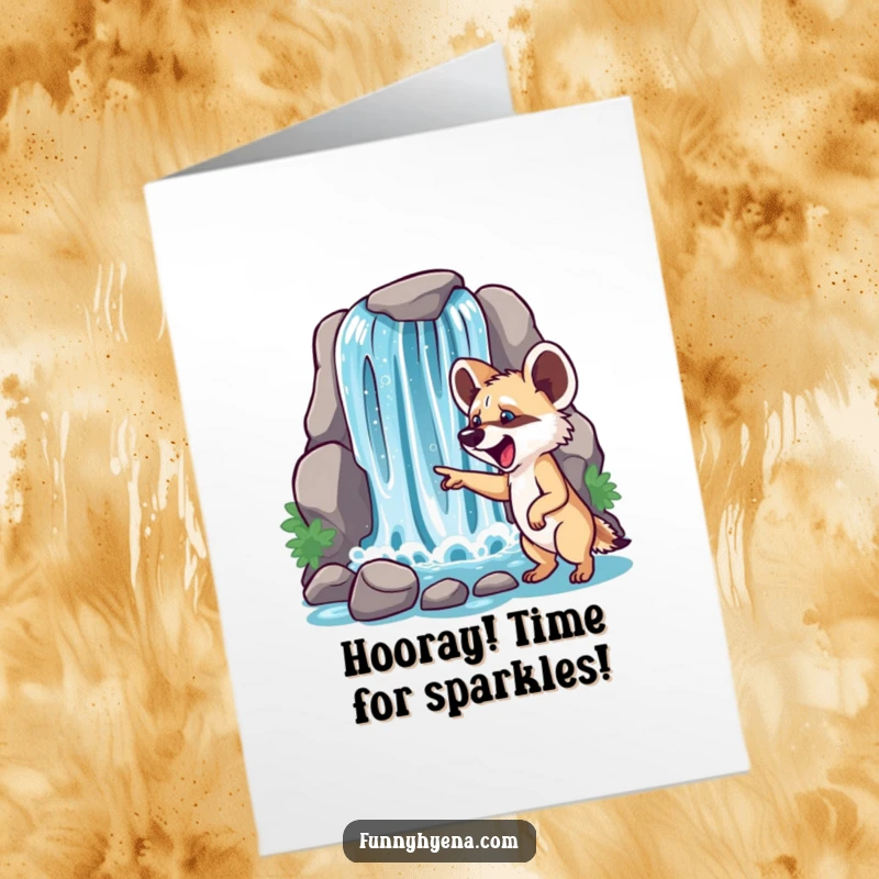 Free printable congratulations card showing an excited hyena pointing at a cascading sparkling waterfall, symbolizing achievement and joy.